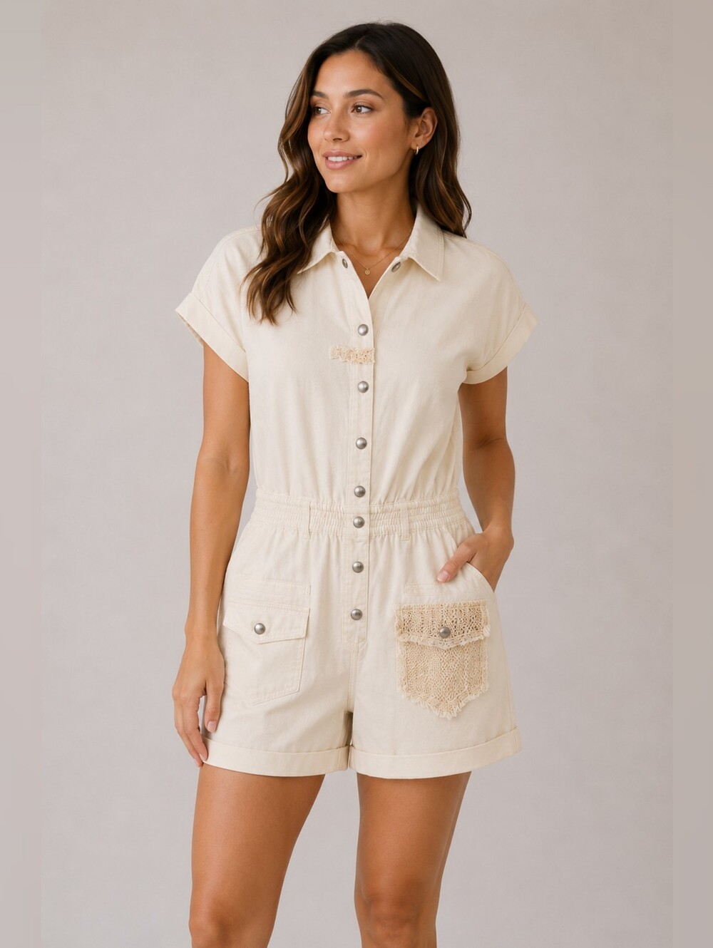 POL White Utility Romper With Beige Lace Pocket Short Sleeve Button Front Size S